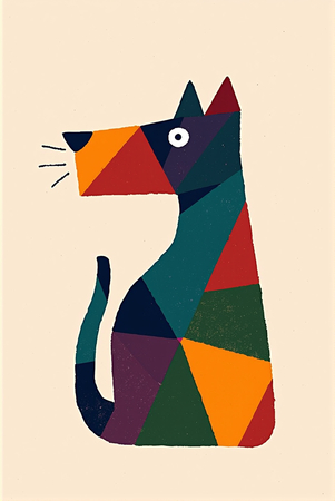 Tableau minimaliste représentant un chien stylisé, conçu à partir de formes géométriques modernes et de couleurs dynamiques. Parfait pour une décoration épurée et actuelle.