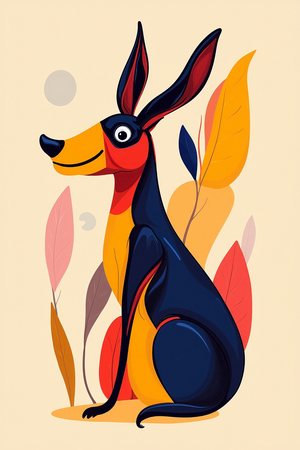 Tableau minimaliste représentant un chien stylisé, conçu à partir de formes géométriques modernes et de couleurs dynamiques. Parfait pour une décoration épurée et actuelle.