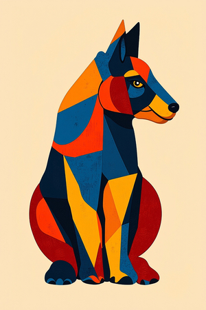 Tableau minimaliste représentant un chien stylisé, conçu à partir de formes géométriques modernes et de couleurs dynamiques. Parfait pour une décoration épurée et actuelle.
