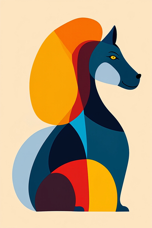 Tableau minimaliste représentant un chien stylisé, conçu à partir de formes géométriques modernes et de couleurs dynamiques. Parfait pour une décoration épurée et actuelle.