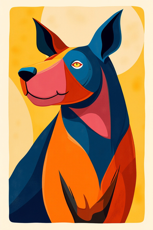 Tableau minimaliste représentant un chien stylisé, conçu à partir de formes géométriques modernes et de couleurs dynamiques. Parfait pour une décoration épurée et actuelle.