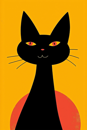 Tableau minimaliste représentant un chat stylisé avec des formes géométriques audacieuses et des couleurs vives. Idéal pour une décoration contemporaine ou d'inspiration nordique.