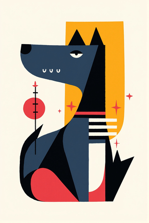 Tableau minimaliste représentant un chien stylisé, conçu à partir de formes géométriques modernes et de couleurs dynamiques. Parfait pour une décoration épurée et actuelle.