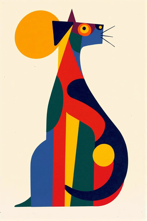 Tableau minimaliste représentant un chat stylisé avec des formes géométriques audacieuses et des couleurs vives. Idéal pour une décoration contemporaine ou d'inspiration nordique.