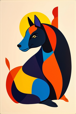 Tableau minimaliste représentant un chien stylisé, conçu à partir de formes géométriques modernes et de couleurs dynamiques. Parfait pour une décoration épurée et actuelle.