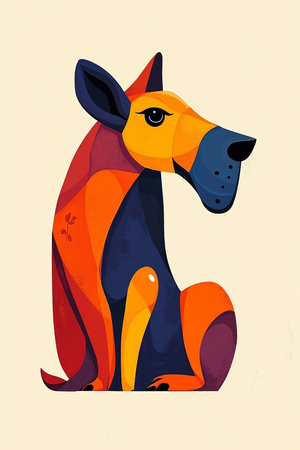 Tableau minimaliste représentant un chien stylisé, conçu à partir de formes géométriques modernes et de couleurs dynamiques. Parfait pour une décoration épurée et actuelle.