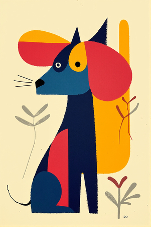 Tableau minimaliste représentant un chien stylisé, conçu à partir de formes géométriques modernes et de couleurs dynamiques. Parfait pour une décoration épurée et actuelle.