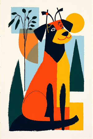 Tableau minimaliste représentant un chien stylisé, conçu à partir de formes géométriques modernes et de couleurs dynamiques. Parfait pour une décoration épurée et actuelle.