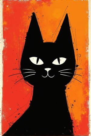 Tableau minimaliste représentant un chat stylisé avec des formes géométriques audacieuses et des couleurs vives. Idéal pour une décoration contemporaine ou d'inspiration nordique.