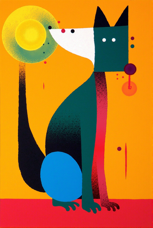 Tableau minimaliste représentant un chat stylisé avec des formes géométriques audacieuses et des couleurs vives. Idéal pour une décoration contemporaine ou d'inspiration nordique.