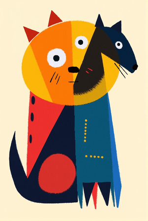 Tableau minimaliste représentant un chat stylisé avec des formes géométriques audacieuses et des couleurs vives. Idéal pour une décoration contemporaine ou d'inspiration nordique.