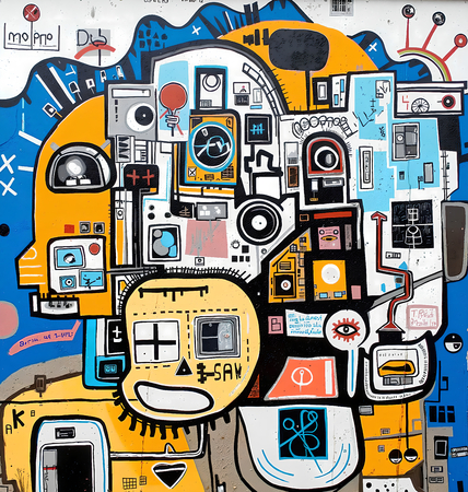 Tableau inspiré du style street art de Jean-Michel Basquiat. Une œuvre vibrante et expressive, mêlant symboles, textes et couleurs vives, pour une décoration audacieuse et contemporaine.
