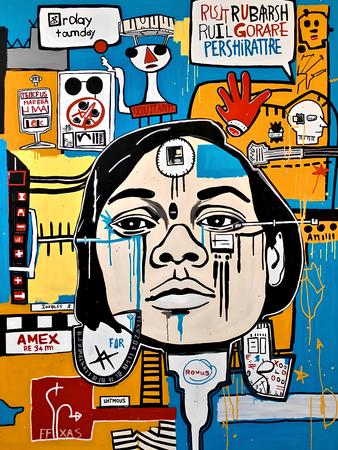 Tableau inspiré du style street art de Jean-Michel Basquiat. Une œuvre vibrante et expressive, mêlant symboles, textes et couleurs vives, pour une décoration audacieuse et contemporaine.