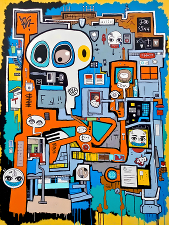 Tableau inspiré du style street art de Jean-Michel Basquiat. Une œuvre vibrante et expressive, mêlant symboles, textes et couleurs vives, pour une décoration audacieuse et contemporaine.