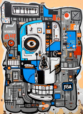 Tableau inspiré du style street art de Jean-Michel Basquiat. Une œuvre vibrante et expressive, mêlant symboles, textes et couleurs vives, pour une décoration audacieuse et contemporaine.