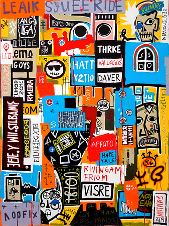 Tableau inspiré du style street art de Jean-Michel Basquiat. Une œuvre vibrante et expressive, mêlant symboles, textes et couleurs vives, pour une décoration audacieuse et contemporaine.