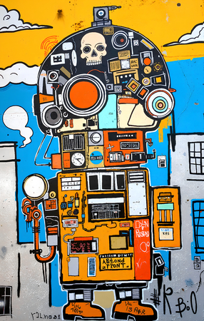 Tableau inspiré du style street art de Jean-Michel Basquiat. Une œuvre vibrante et expressive, mêlant symboles, textes et couleurs vives, pour une décoration audacieuse et contemporaine.