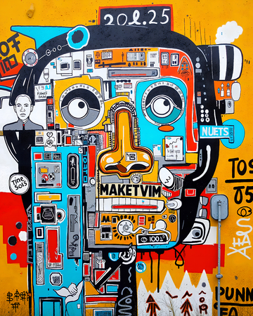 Tableau inspiré du style street art de Jean-Michel Basquiat. Une œuvre vibrante et expressive, mêlant symboles, textes et couleurs vives, pour une décoration audacieuse et contemporaine.