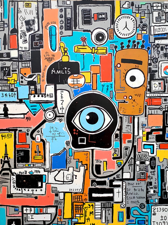 Tableau inspiré du style street art de Jean-Michel Basquiat. Une œuvre vibrante et expressive, mêlant symboles, textes et couleurs vives, pour une décoration audacieuse et contemporaine.
