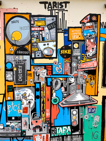 Tableau inspiré du style street art de Jean-Michel Basquiat. Une œuvre vibrante et expressive, mêlant symboles, textes et couleurs vives, pour une décoration audacieuse et contemporaine.