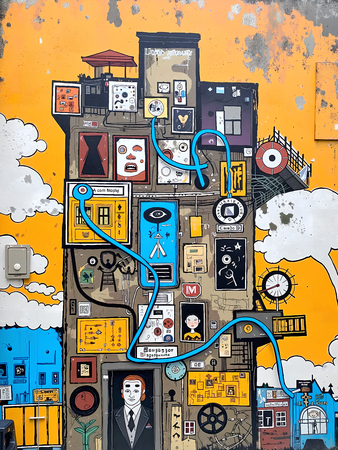 Tableau inspiré du style street art de Jean-Michel Basquiat. Une œuvre vibrante et expressive, mêlant symboles, textes et couleurs vives, pour une décoration audacieuse et contemporaine.