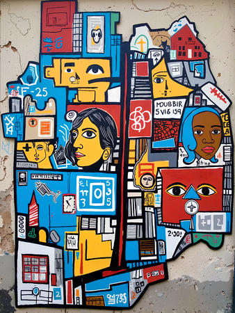 Tableau inspiré du style street art de Jean-Michel Basquiat. Une œuvre vibrante et expressive, mêlant symboles, textes et couleurs vives, pour une décoration audacieuse et contemporaine.