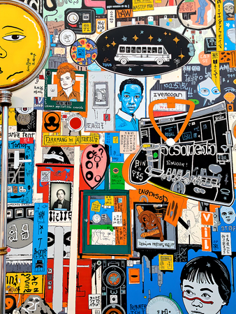 Tableau inspiré du style street art de Jean-Michel Basquiat. Une œuvre vibrante et expressive, mêlant symboles, textes et couleurs vives, pour une décoration audacieuse et contemporaine.