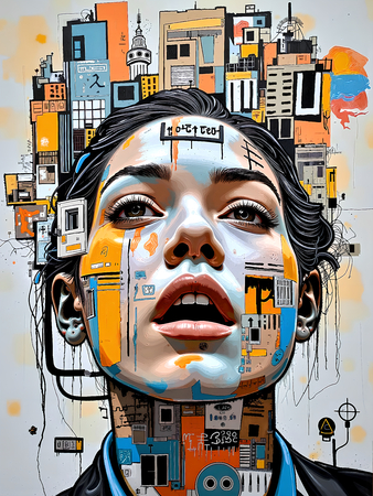 Tableau inspiré du style street art de Jean-Michel Basquiat. Une œuvre vibrante et expressive, mêlant symboles, textes et couleurs vives, pour une décoration audacieuse et contemporaine.