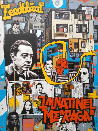 Tableau inspiré du style street art de Jean-Michel Basquiat. Une œuvre vibrante et expressive, mêlant symboles, textes et couleurs vives, pour une décoration audacieuse et contemporaine.