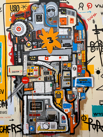 Tableau inspiré du style street art de Jean-Michel Basquiat. Une œuvre vibrante et expressive, mêlant symboles, textes et couleurs vives, pour une décoration audacieuse et contemporaine.