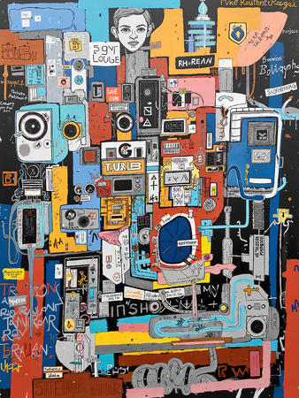 Tableau inspiré du style street art de Jean-Michel Basquiat. Une œuvre vibrante et expressive, mêlant symboles, textes et couleurs vives, pour une décoration audacieuse et contemporaine.