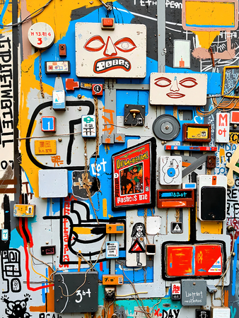 Tableau inspiré du style street art de Jean-Michel Basquiat. Une œuvre vibrante et expressive, mêlant symboles, textes et couleurs vives, pour une décoration audacieuse et contemporaine.