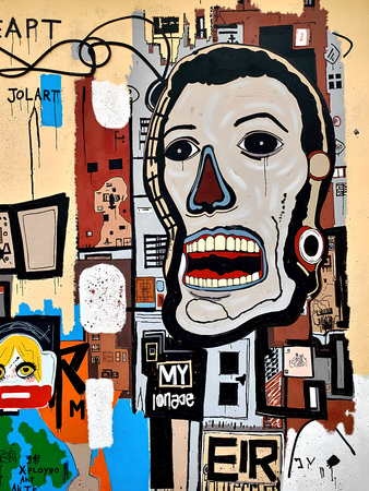 Tableau inspiré du style street art de Jean-Michel Basquiat. Une œuvre vibrante et expressive, mêlant symboles, textes et couleurs vives, pour une décoration audacieuse et contemporaine.