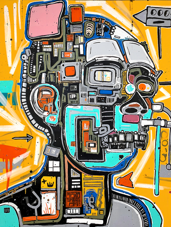 Tableau inspiré du style street art de Jean-Michel Basquiat. Une œuvre vibrante et expressive, mêlant symboles, textes et couleurs vives, pour une décoration audacieuse et contemporaine.
