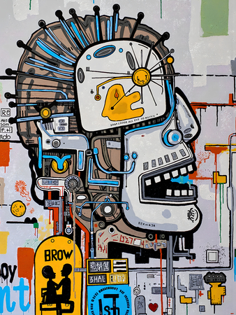 Tableau inspiré du style street art de Jean-Michel Basquiat. Une œuvre vibrante et expressive, mêlant symboles, textes et couleurs vives, pour une décoration audacieuse et contemporaine.