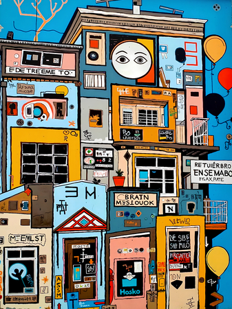 Tableau inspiré du style street art de Jean-Michel Basquiat. Une œuvre vibrante et expressive, mêlant symboles, textes et couleurs vives, pour une décoration audacieuse et contemporaine.