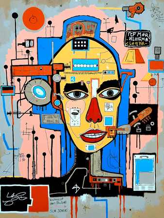Tableau inspiré du style street art de Jean-Michel Basquiat. Une œuvre vibrante et expressive, mêlant symboles, textes et couleurs vives, pour une décoration audacieuse et contemporaine.