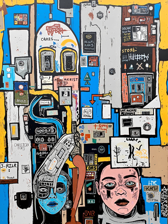 Tableau inspiré du style street art de Jean-Michel Basquiat. Une œuvre vibrante et expressive, mêlant symboles, textes et couleurs vives, pour une décoration audacieuse et contemporaine.