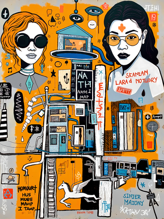 Tableau inspiré du style street art de Jean-Michel Basquiat. Une œuvre vibrante et expressive, mêlant symboles, textes et couleurs vives, pour une décoration audacieuse et contemporaine.