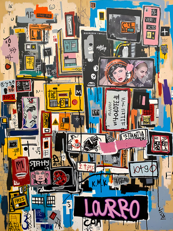 Tableau inspiré du style street art de Jean-Michel Basquiat. Une œuvre vibrante et expressive, mêlant symboles, textes et couleurs vives, pour une décoration audacieuse et contemporaine.