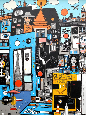Tableau inspiré du style street art de Jean-Michel Basquiat. Une œuvre vibrante et expressive, mêlant symboles, textes et couleurs vives, pour une décoration audacieuse et contemporaine.