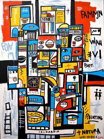Tableau inspiré du style street art de Jean-Michel Basquiat. Une œuvre vibrante et expressive, mêlant symboles, textes et couleurs vives, pour une décoration audacieuse et contemporaine.