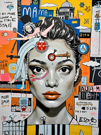 Tableau inspiré du style street art de Jean-Michel Basquiat. Une œuvre vibrante et expressive, mêlant symboles, textes et couleurs vives, pour une décoration audacieuse et contemporaine.