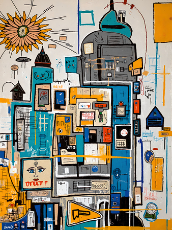 Tableau inspiré du style street art de Jean-Michel Basquiat. Une œuvre vibrante et expressive, mêlant symboles, textes et couleurs vives, pour une décoration audacieuse et contemporaine.