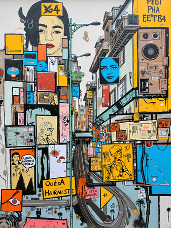 Tableau inspiré du style street art de Jean-Michel Basquiat. Une œuvre vibrante et expressive, mêlant symboles, textes et couleurs vives, pour une décoration audacieuse et contemporaine.
