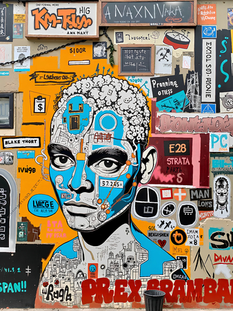 Tableau inspiré du style street art de Jean-Michel Basquiat. Une œuvre vibrante et expressive, mêlant symboles, textes et couleurs vives, pour une décoration audacieuse et contemporaine.