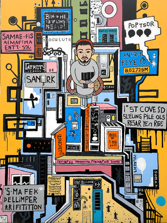 Tableau inspiré du style street art de Jean-Michel Basquiat. Une œuvre vibrante et expressive, mêlant symboles, textes et couleurs vives, pour une décoration audacieuse et contemporaine.
