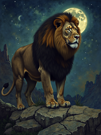 Le style graphique de cette œuvre allie féerie et raffinement. Le lion, représenté avec des détails soignés et une présence imposante, incarne à la fois la force et la grâce. Les éléments du décor, comme les arbres stylisés et les motifs célestes, ajoutent une dimension fantastique à la scène. Les contrastes entre les zones lumineuses et les ombres renforcent l'aspect mystique et captivant du tableau.