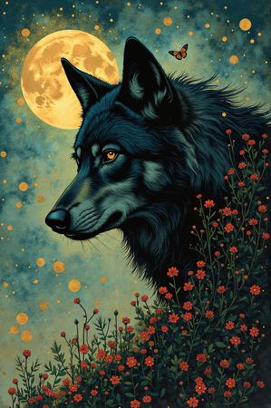 Tableau illustratif représentant un loup dans un paysage nocturne mythique. Une œuvre pleine de symbolisme et de mystère, idéale pour créer une ambiance forte et fascinante.