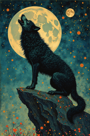 Tableau illustratif représentant un loup dans un paysage nocturne mythique. Une œuvre pleine de symbolisme et de mystère, idéale pour créer une ambiance forte et fascinante.